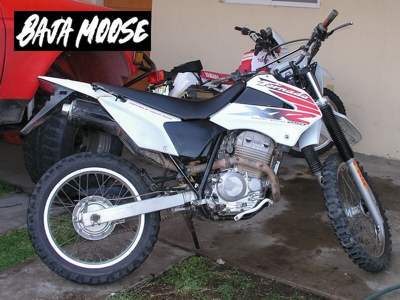 White Honda Tornado XR250 dual-sport motorcycle parked in a garage