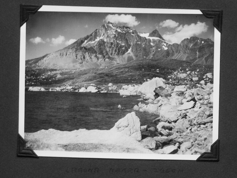 Black and white photo of Laguna Negra in Chile with Andes Mountains in the background, taken in 1931