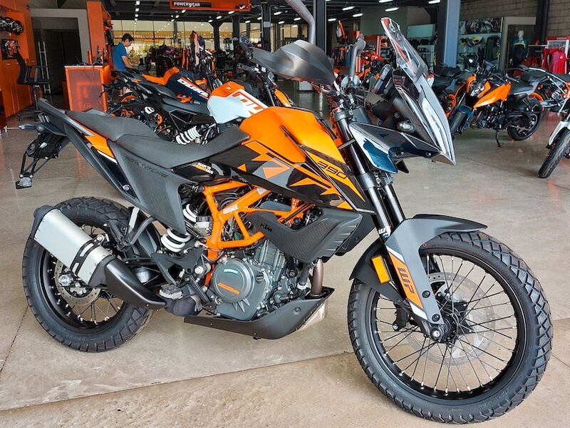 Orange and black 2023 KTM 390 Adventure at dealer